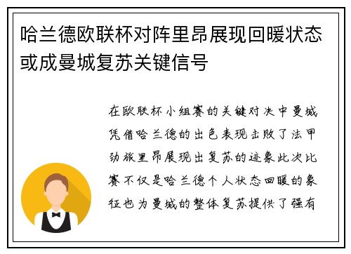 哈兰德欧联杯对阵里昂展现回暖状态或成曼城复苏关键信号 哈兰德欧联杯对阵里昂展现回暖状态或成曼城复苏关键信号